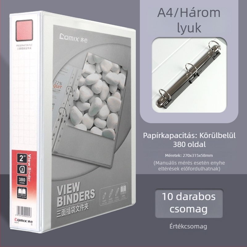 A4-es irattartó háromoldalas zsebbel, 4- és 2-lyukas gyűrűs rendszerrel, fehér