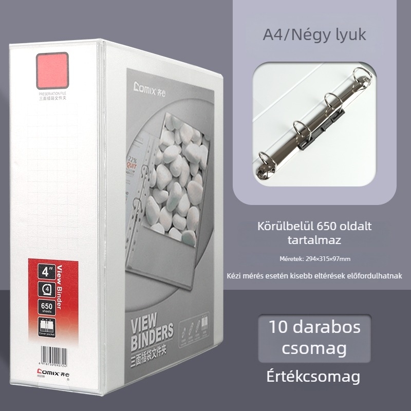 A4-es irattartó háromoldalas zsebbel, 4- és 2-lyukas gyűrűs rendszerrel, fehér