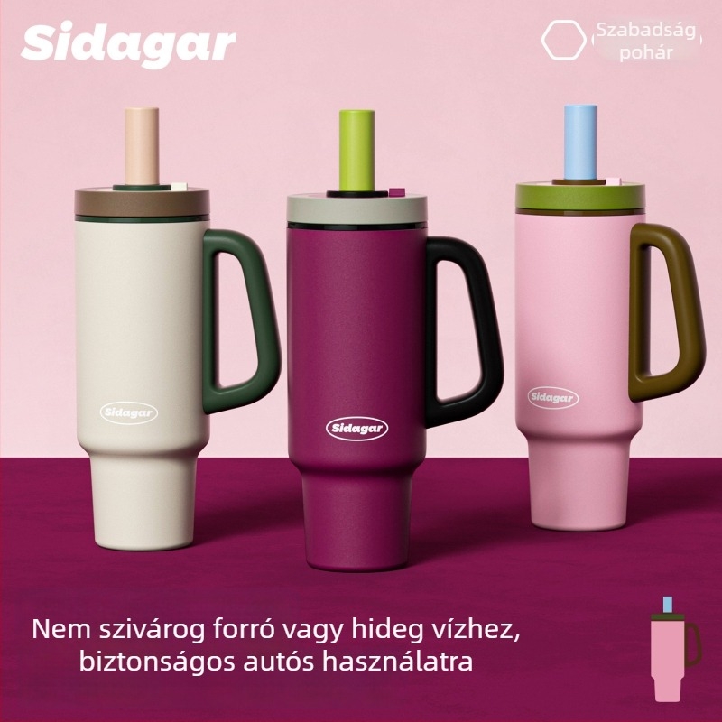 316L rozsdamentes acélból készült nagy kapacitású termosz pohár, szívószállal, autóba szerelhető, egygombos nyitás