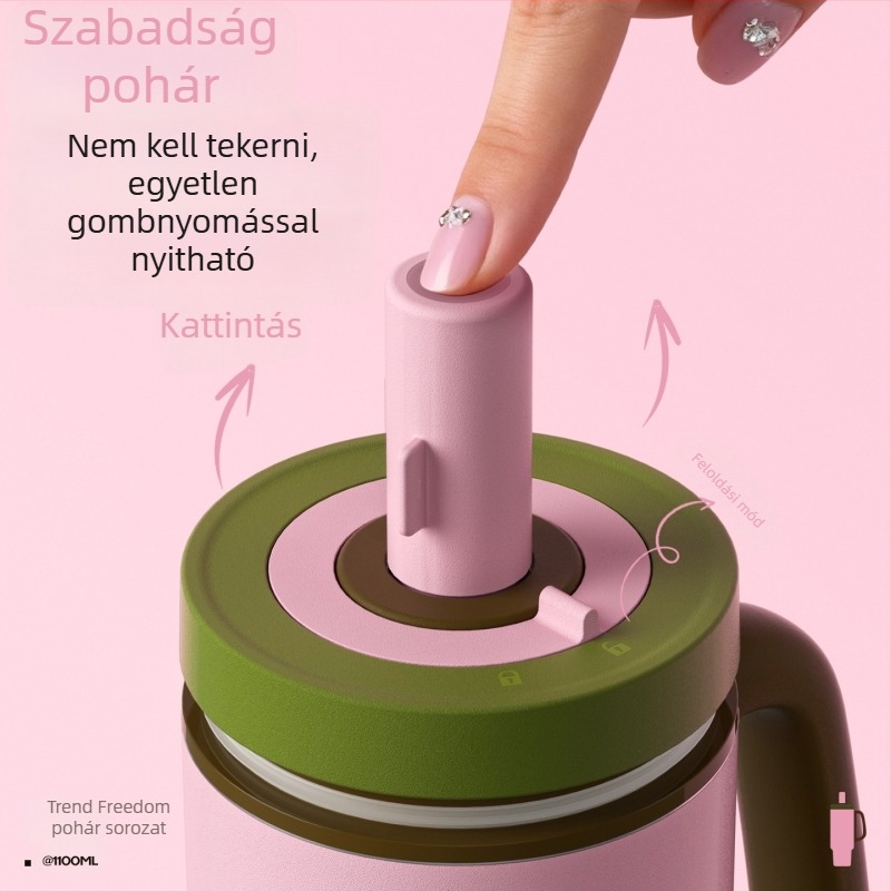 316L rozsdamentes acélból készült nagy kapacitású termosz pohár, szívószállal, autóba szerelhető, egygombos nyitás