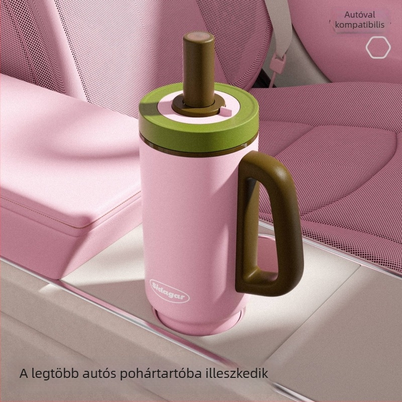 316L rozsdamentes acélból készült nagy kapacitású termosz pohár, szívószállal, autóba szerelhető, egygombos nyitás