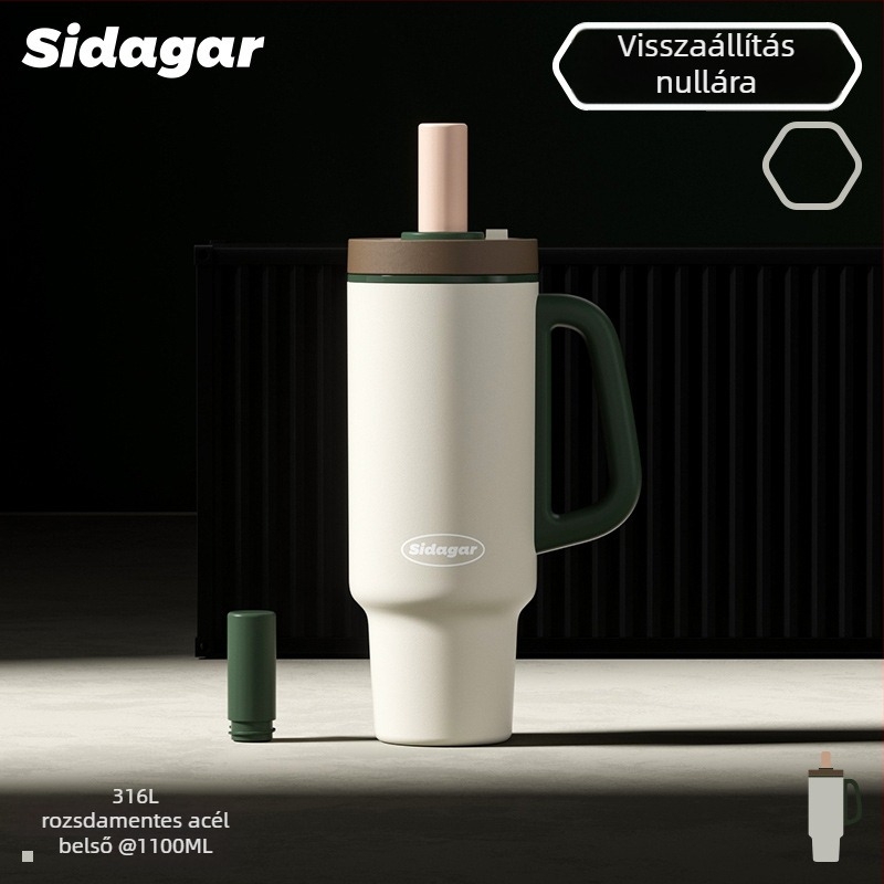 316L rozsdamentes acélból készült nagy kapacitású termosz pohár, szívószállal, autóba szerelhető, egygombos nyitás