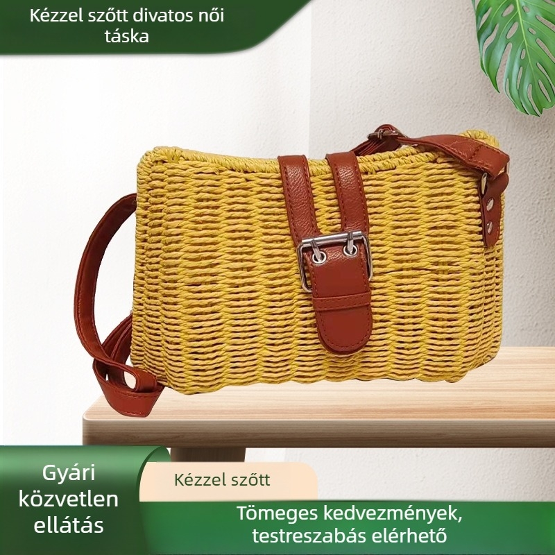 Kézzel szőtt egyszínű szalma kosár táska, keresztpántos női strandtáska