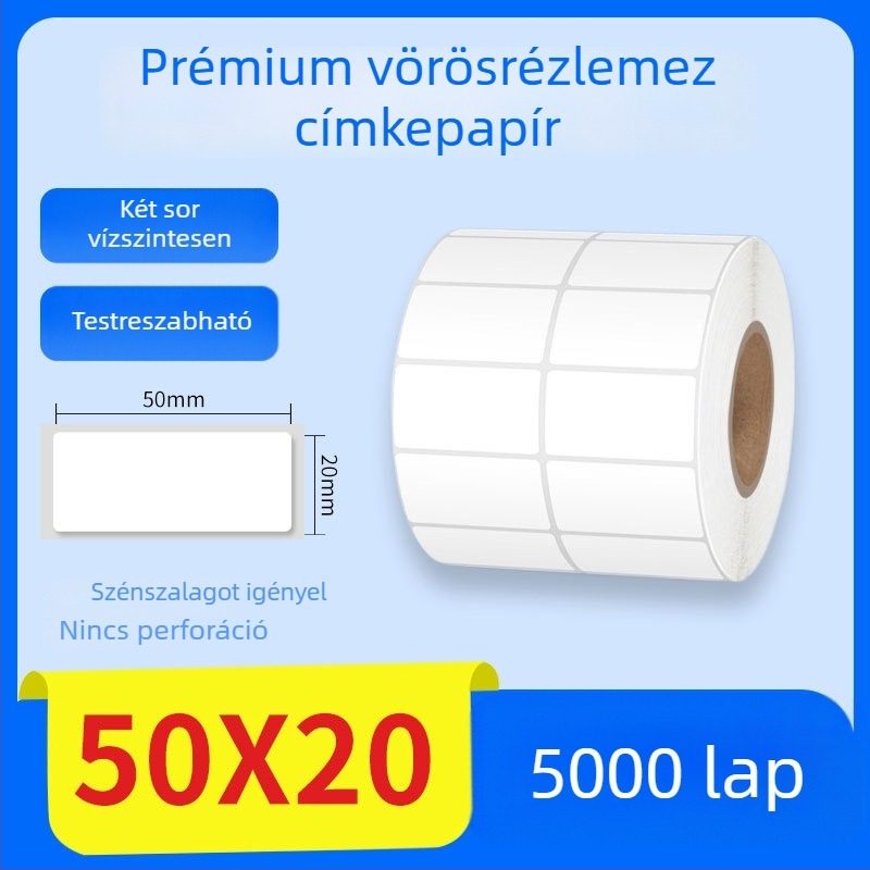 Termikus transzfer nyomtatáshoz való papír önragasztó címkékkel, vonalkóddal és termékinformációs címkével, 70×50 mm
