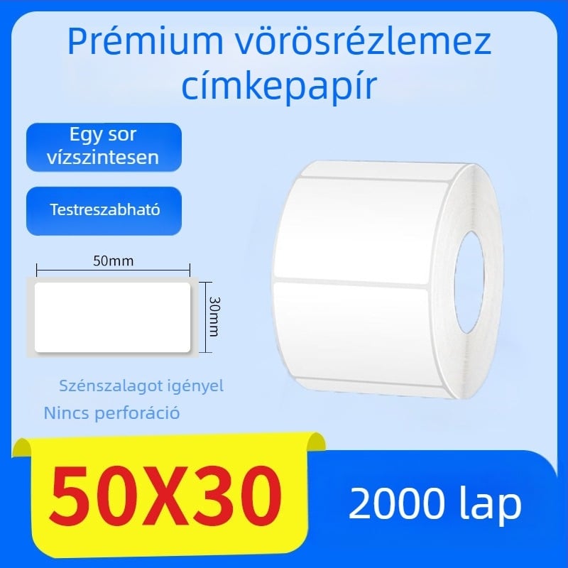Termikus transzfer nyomtatáshoz való papír önragasztó címkékkel, vonalkóddal és termékinformációs címkével, 70×50 mm