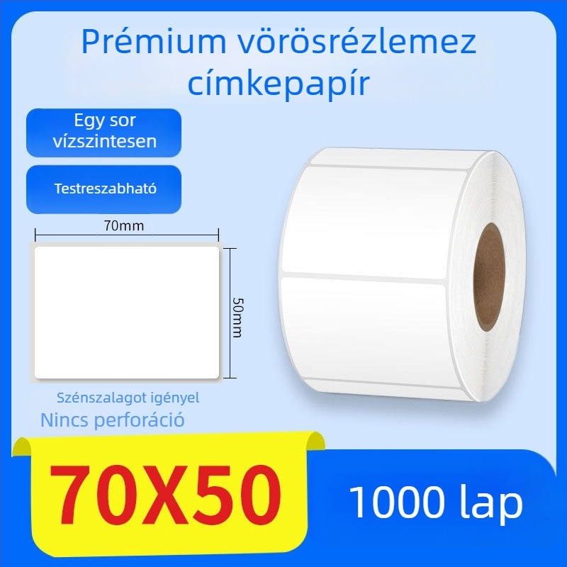 Termikus transzfer nyomtatáshoz való papír önragasztó címkékkel, vonalkóddal és termékinformációs címkével, 70×50 mm
