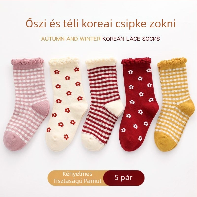 Vékony gyermekek középmagasságú zokni, csipkés pamut téli zokni gyerekeknek, pöttyös mintázat