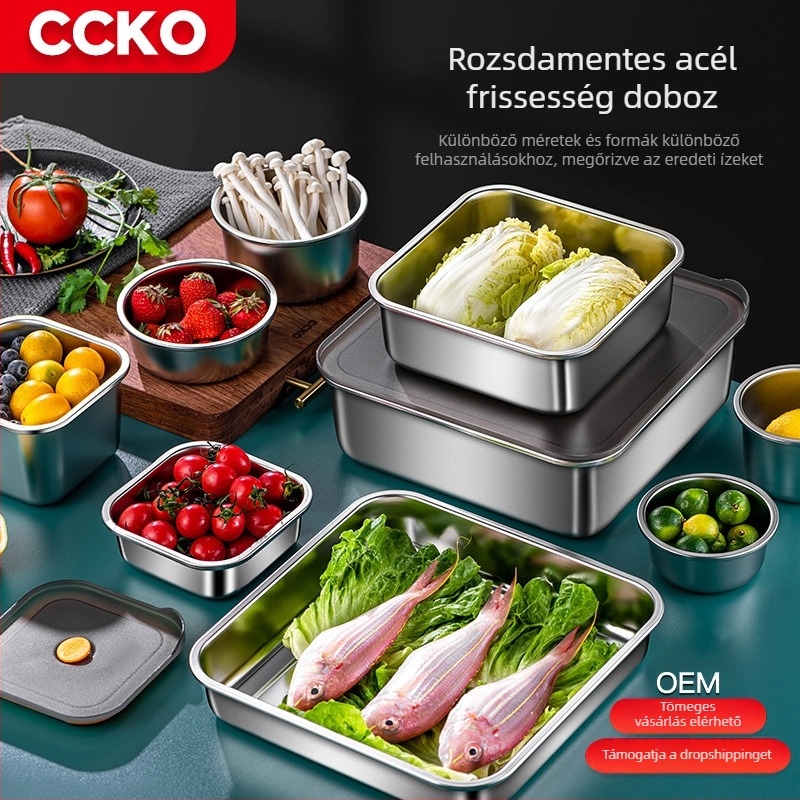 CCKO 304 rozsdamentes acélból készült élelmiszer-tároló doboz, háztartási osztály, gyümölcsökhöz való ebédes doboz, zárt fedéllel