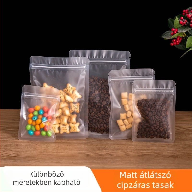 Vastagított gyümölcs- és virágtea csomagoló zacskók, belső lezárható zacskók teához és aszalt gyümölcsöknek, matt cipzáras zacskók, önzáró, nedvességálló zárás