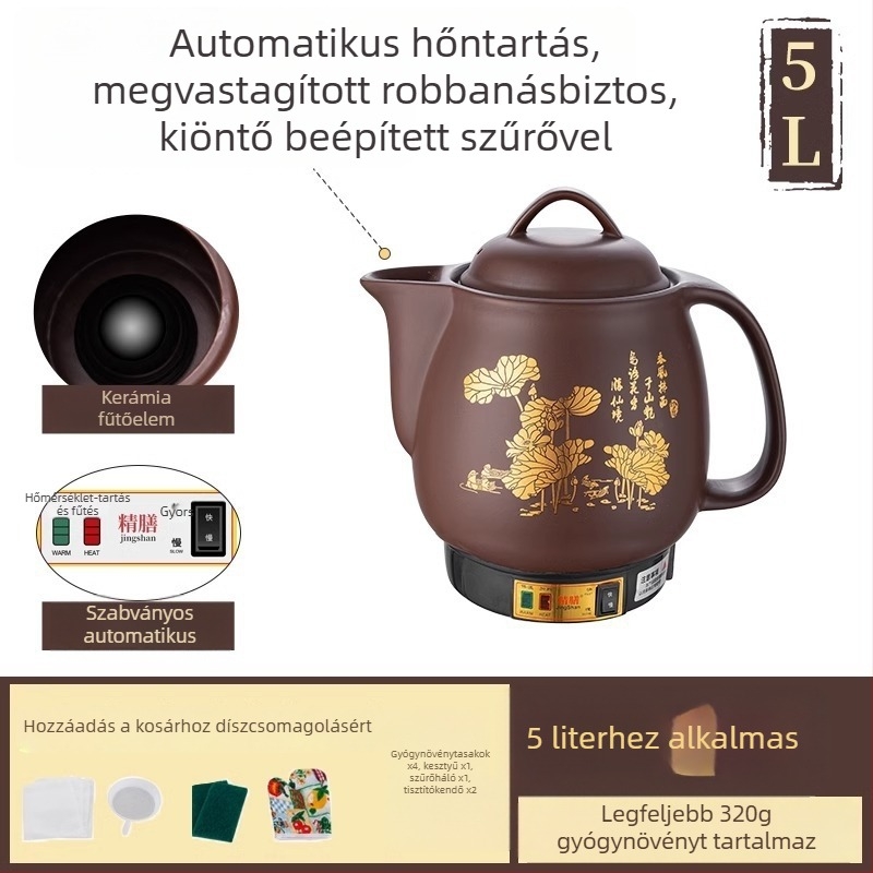 Purpuras agyagból készült főzetkészítő edény, teljesen automata elektromos kínai hagyományos gyógyászat számára, 5 L, Js-70a modell, belső kerámia tál, 220 V, 300–350 W