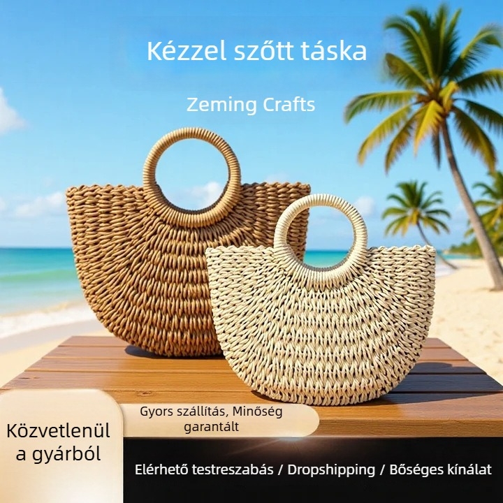 Kötött szalma táska papírszállal, retro kerek vödör-stílusú strand- és mindennapi használatra