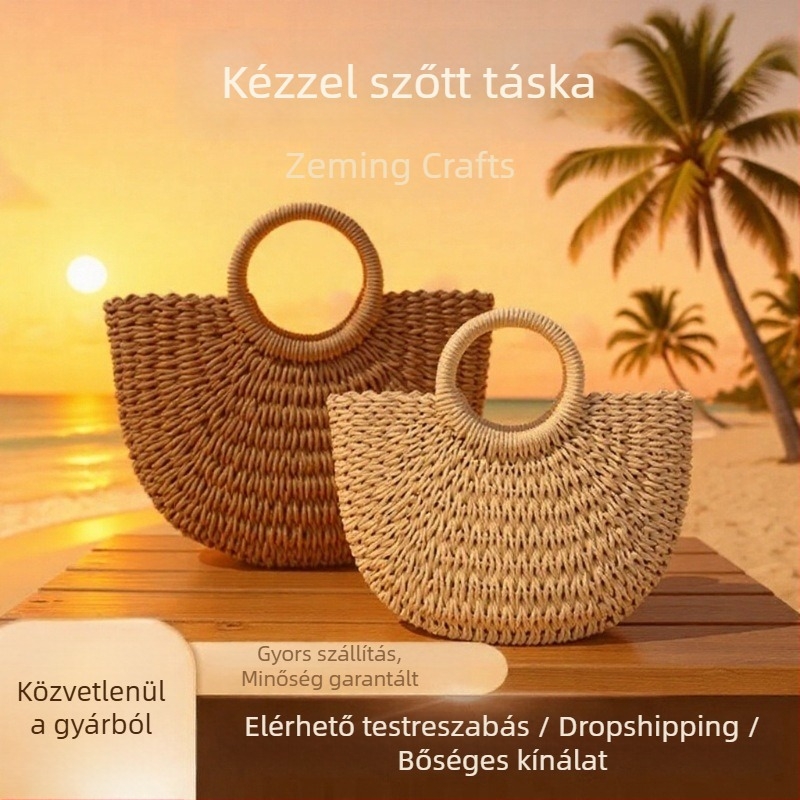 Kötött szalma táska papírszállal, retro kerek vödör-stílusú strand- és mindennapi használatra