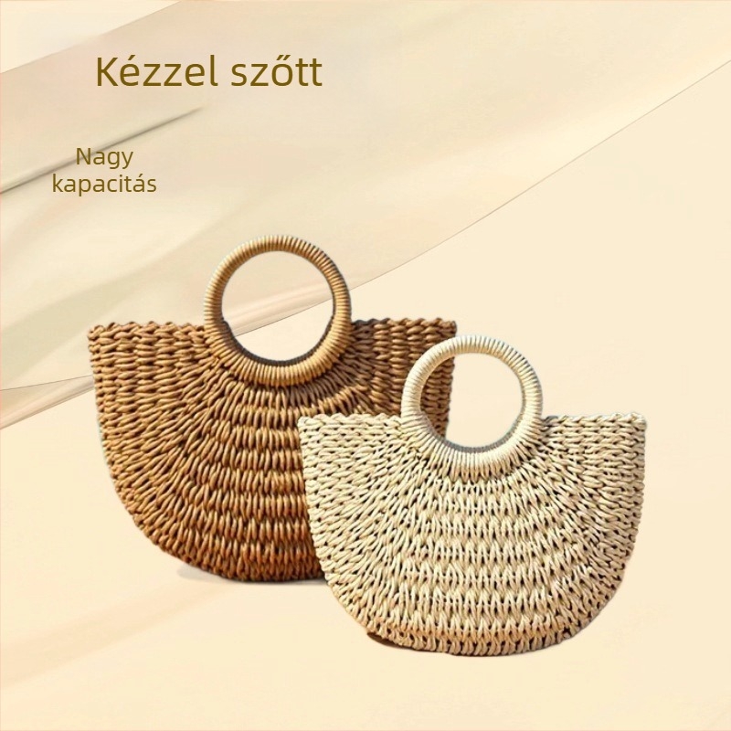 Kötött szalma táska papírszállal, retro kerek vödör-stílusú strand- és mindennapi használatra