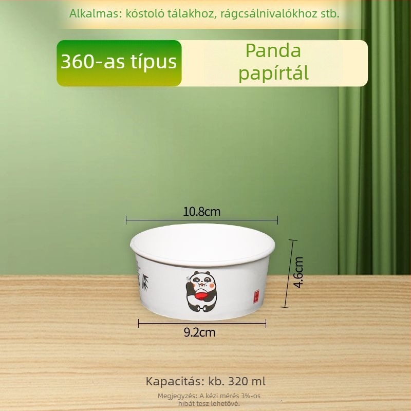 Természetes színű, vastag, egyszer használatos papírtál, kör alakú ebédtál, otthoni használatra, gyümölcs, kemping és instant tészta számára, Panda nyomtatás