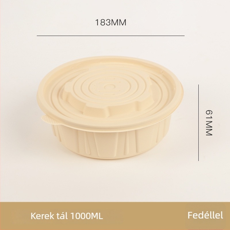 Egyszer használatos tál, élelmiszer-minőségű kukoricakeményítőből készült biológiailag lebomló edény, fedővel, kör alakú, kockás mintázatú, vastag kivitelben ebédcsomagoláshoz.