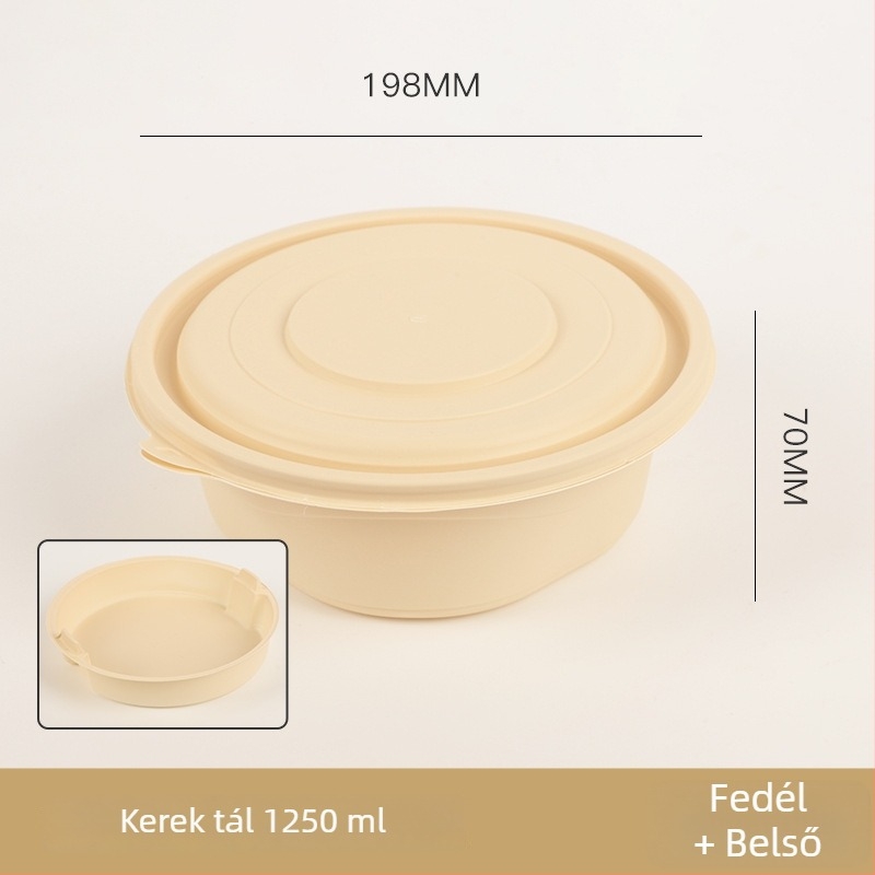 Egyszer használatos tál, élelmiszer-minőségű kukoricakeményítőből készült biológiailag lebomló edény, fedővel, kör alakú, kockás mintázatú, vastag kivitelben ebédcsomagoláshoz.