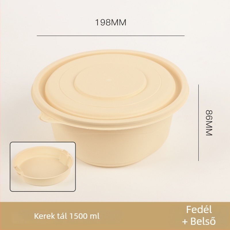 Egyszer használatos tál, élelmiszer-minőségű kukoricakeményítőből készült biológiailag lebomló edény, fedővel, kör alakú, kockás mintázatú, vastag kivitelben ebédcsomagoláshoz.