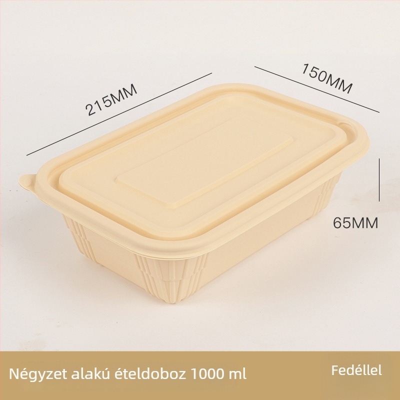 Egyszer használatos tál, élelmiszer-minőségű kukoricakeményítőből készült biológiailag lebomló edény, fedővel, kör alakú, kockás mintázatú, vastag kivitelben ebédcsomagoláshoz.