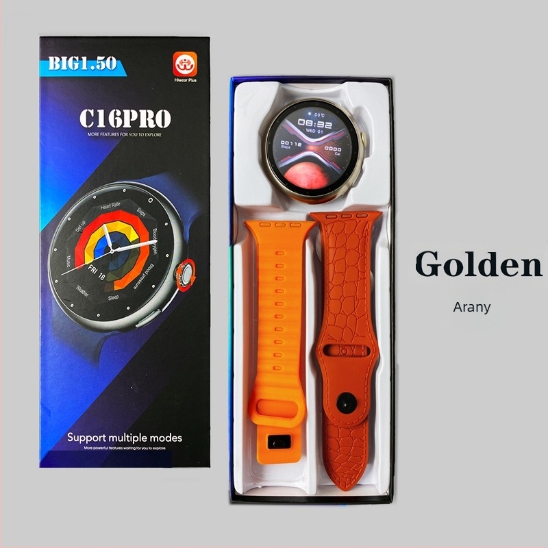 C16Pro okosóra Bluetooth-hívásokkal, sportos lépésszámlálóval és pulzusméréssel, kerek kijelző, szilikon szíj