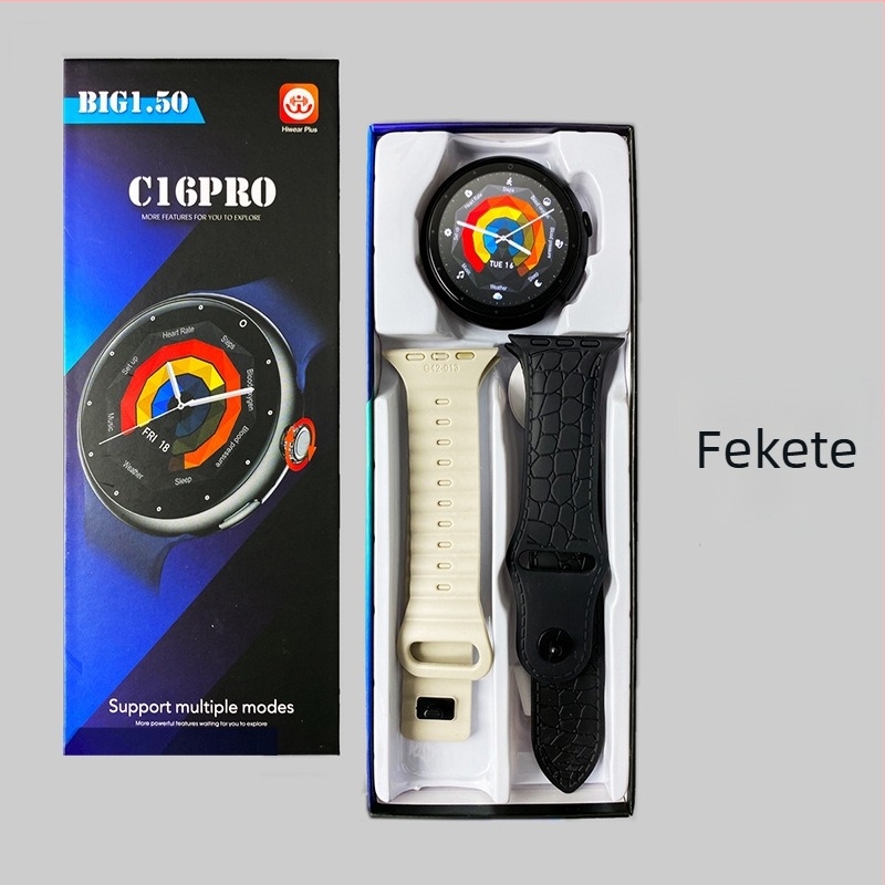 C16Pro okosóra Bluetooth-hívásokkal, sportos lépésszámlálóval és pulzusméréssel, kerek kijelző, szilikon szíj