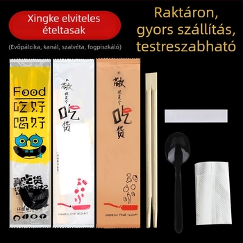 Egyszer használatos bambusz evőpálcika készlet négy az egyben evőeszközökkel és tokban, mikrohullámú sütőben használható