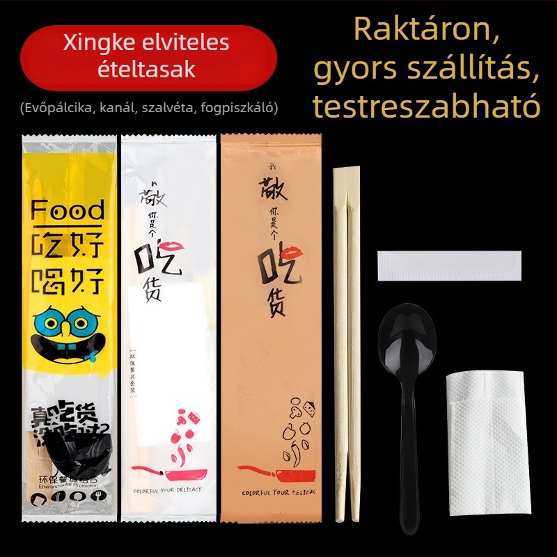Egyszer használatos bambusz evőpálcika készlet négy az egyben evőeszközökkel és tokban, mikrohullámú sütőben használható