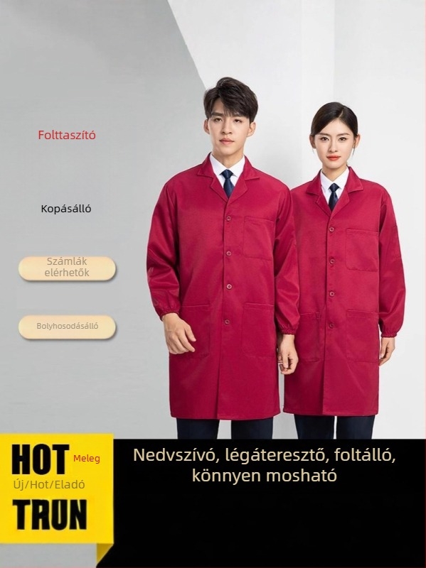 Egyedi kék munkaruha hosszú smock logóval, por- és kopásálló védelemmel