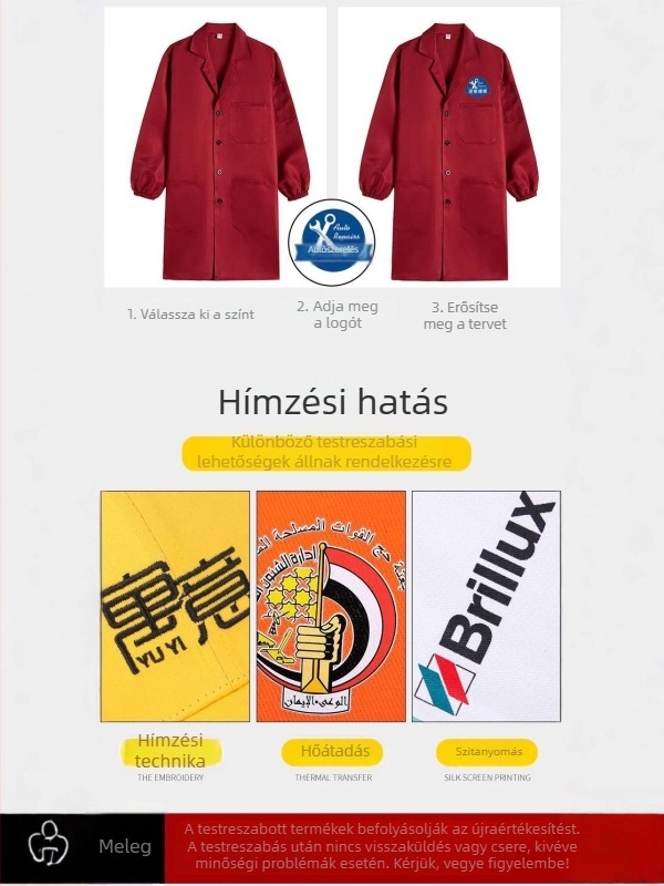 Egyedi kék munkaruha hosszú smock logóval, por- és kopásálló védelemmel