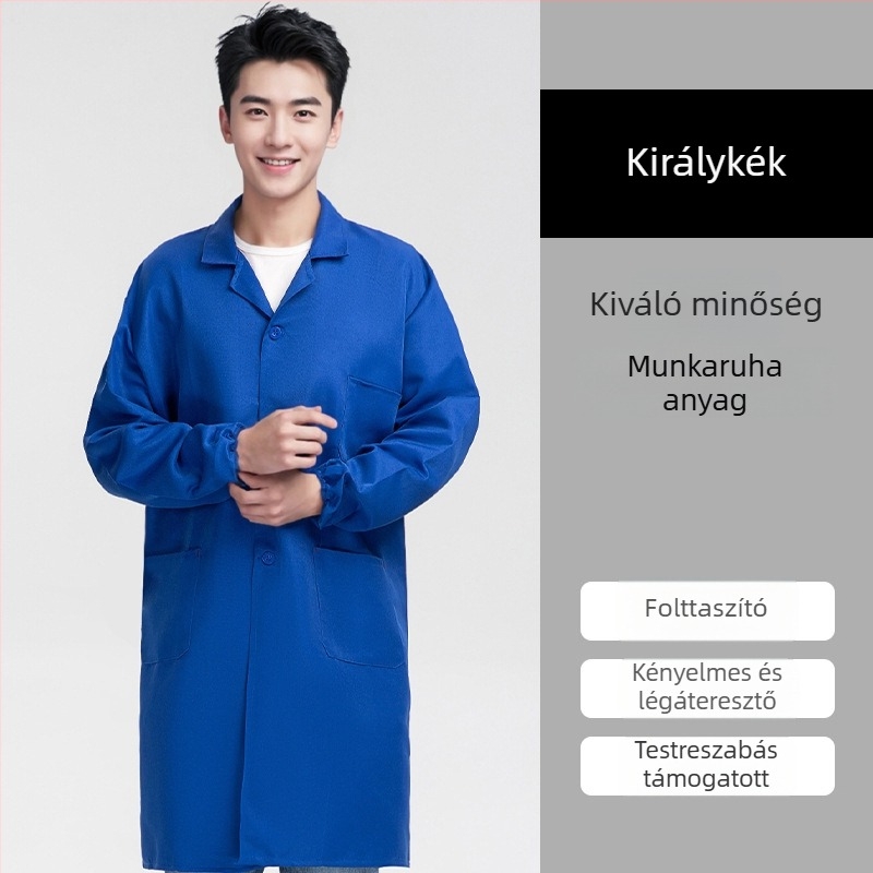 Egyedi kék munkaruha hosszú smock logóval, por- és kopásálló védelemmel