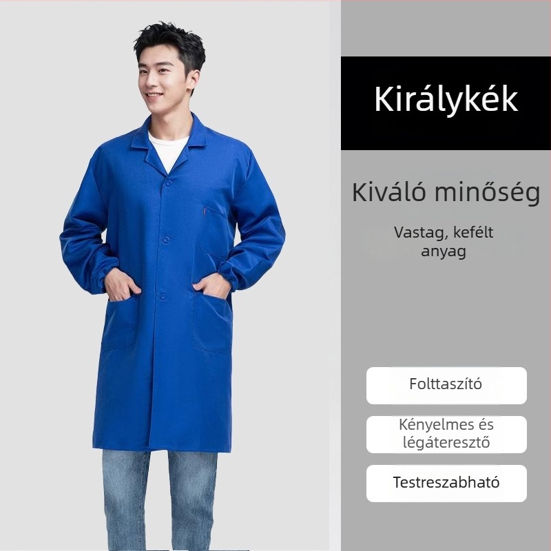 Egyedi kék munkaruha hosszú smock logóval, por- és kopásálló védelemmel