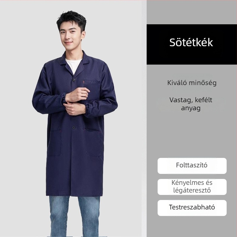 Egyedi kék munkaruha hosszú smock logóval, por- és kopásálló védelemmel