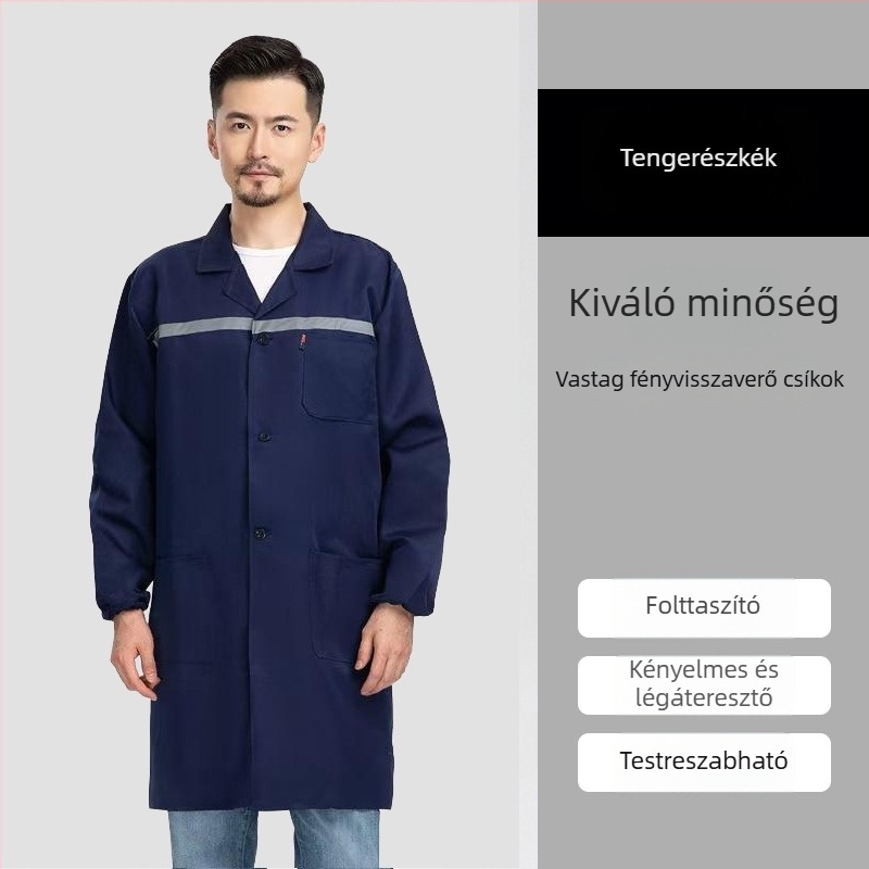 Egyedi kék munkaruha hosszú smock logóval, por- és kopásálló védelemmel