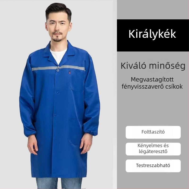 Egyedi kék munkaruha hosszú smock logóval, por- és kopásálló védelemmel