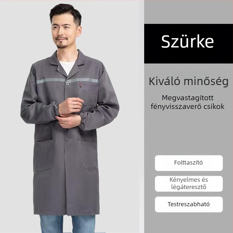 Egyedi kék munkaruha hosszú smock logóval, por- és kopásálló védelemmel