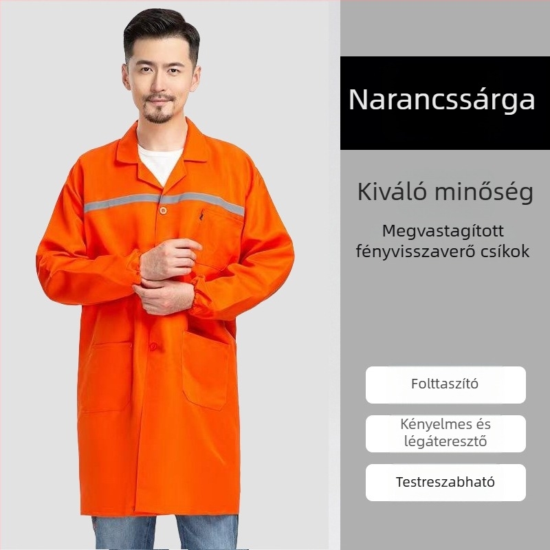 Egyedi kék munkaruha hosszú smock logóval, por- és kopásálló védelemmel