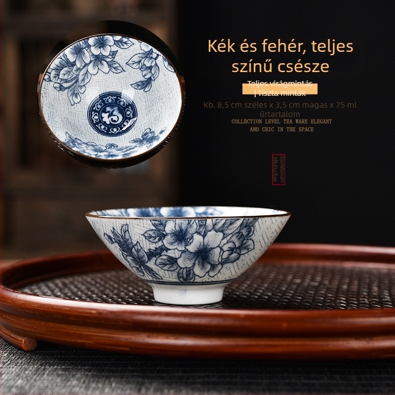 Tang- és Song-dinasztia kék-fehér porcelán teáscsészék és tálak, palotás kerámia teáskészlet