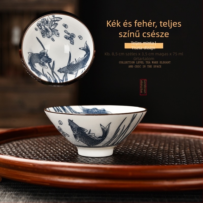 Tang- és Song-dinasztia kék-fehér porcelán teáscsészék és tálak, palotás kerámia teáskészlet