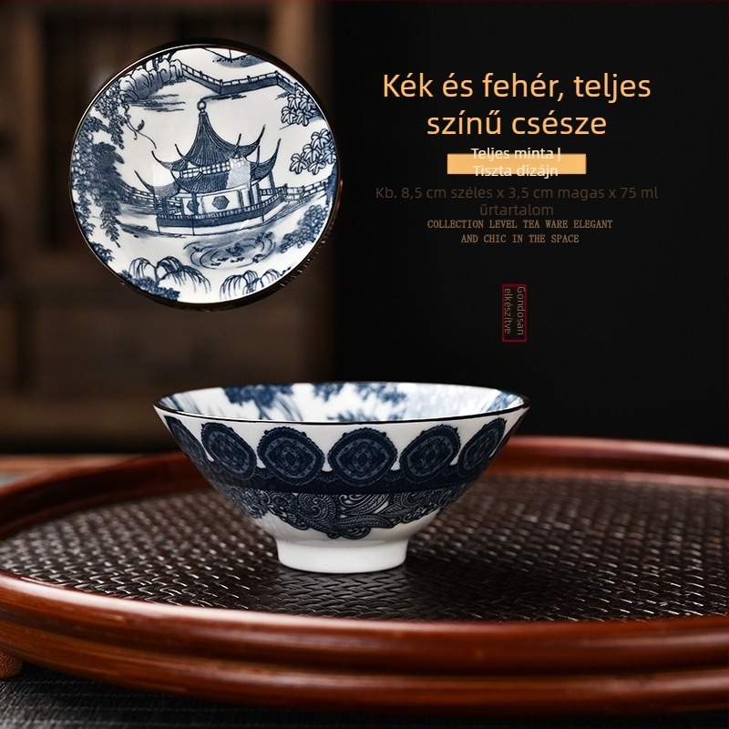 Tang- és Song-dinasztia kék-fehér porcelán teáscsészék és tálak, palotás kerámia teáskészlet