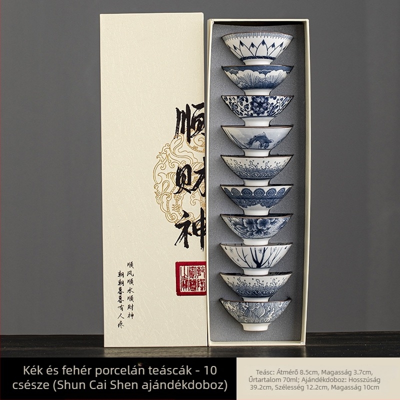 Tang- és Song-dinasztia kék-fehér porcelán teáscsészék és tálak, palotás kerámia teáskészlet