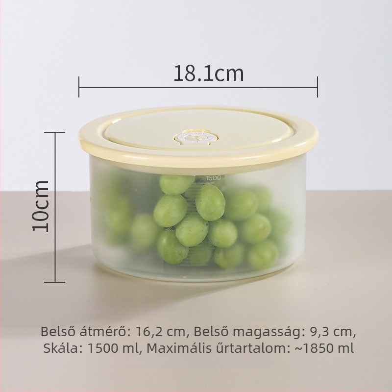 Élelmiszer-minőségű műanyag kör alakú tárolóedény fedővel, mikrohullámú sütőben használható és hűtőben is.