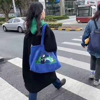 Nagy női corduroy patchwork tote táska, japán és koreai stílus, nyitott felső, környezetbarát mindennapi használatra, téli 2025