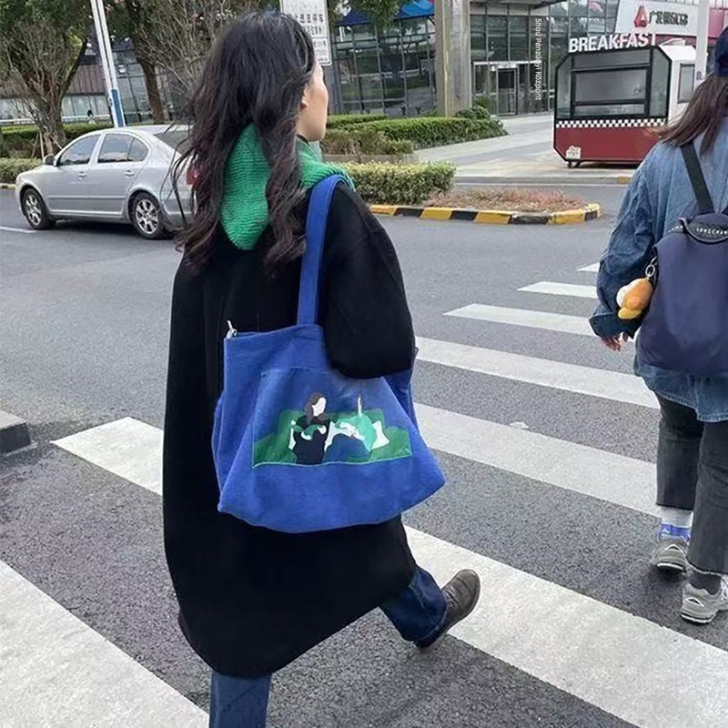 Nagy női corduroy patchwork tote táska, japán és koreai stílus, nyitott felső, környezetbarát mindennapi használatra, téli 2025