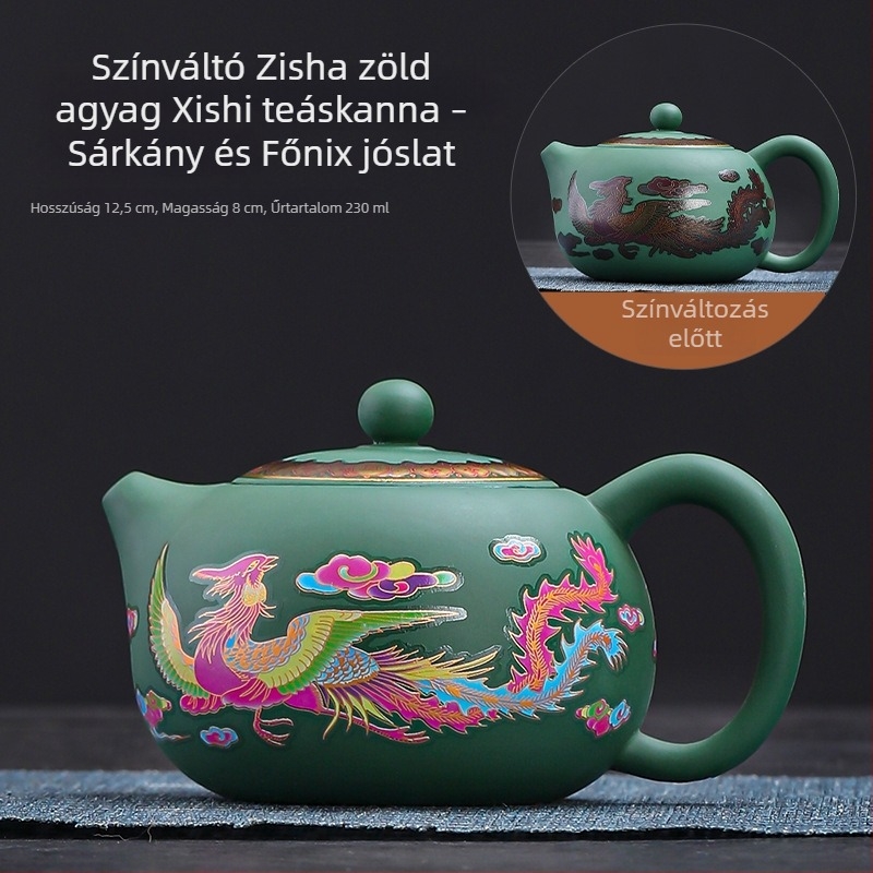Fengming lila agyag teáskanna, színváltó, motívum Dragon és Főnix, kerámia, retro stílus