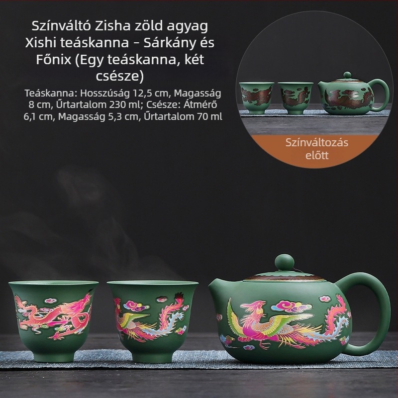 Fengming lila agyag teáskanna, színváltó, motívum Dragon és Főnix, kerámia, retro stílus