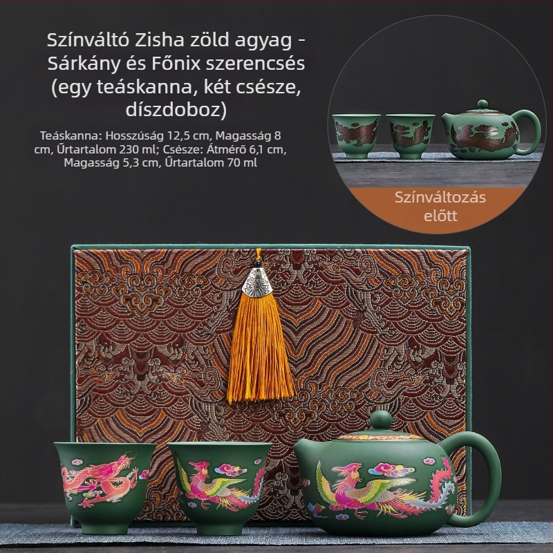 Fengming lila agyag teáskanna, színváltó, motívum Dragon és Főnix, kerámia, retro stílus