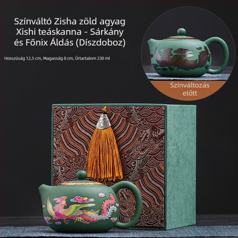 Fengming lila agyag teáskanna, színváltó, motívum Dragon és Főnix, kerámia, retro stílus