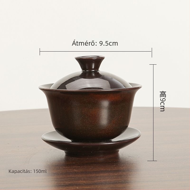 Fedeles kerámia teáskészlet, Tianmu mázzal, kiégetve a kemencében, homok‑arany tónusú teás tál és teáscsésze, Kung Fu teáskészlet fedéllel