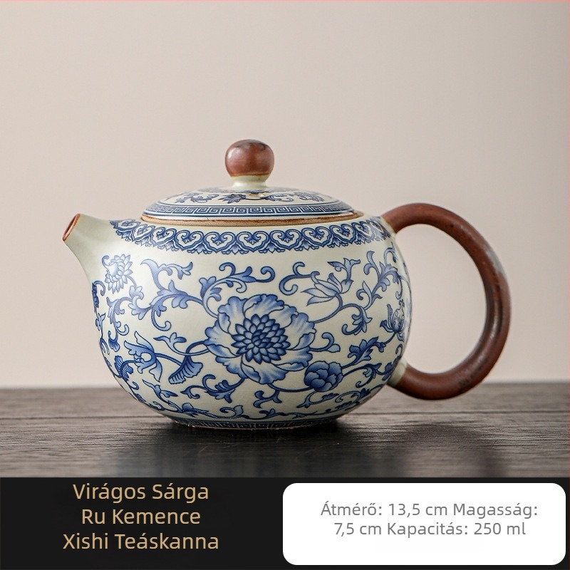 Ru Kiln kék-fehér lótusz teáskanna, kerámia gömbszűrővel, Kung Fu teáskészlet otthoni használatra, teáscsésze egy személyre