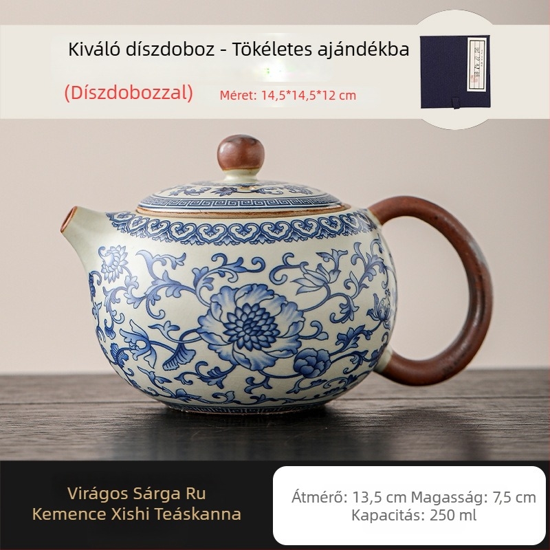 Ru Kiln kék-fehér lótusz teáskanna, kerámia gömbszűrővel, Kung Fu teáskészlet otthoni használatra, teáscsésze egy személyre