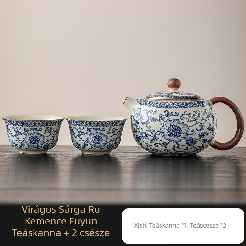 Ru Kiln kék-fehér lótusz teáskanna, kerámia gömbszűrővel, Kung Fu teáskészlet otthoni használatra, teáscsésze egy személyre